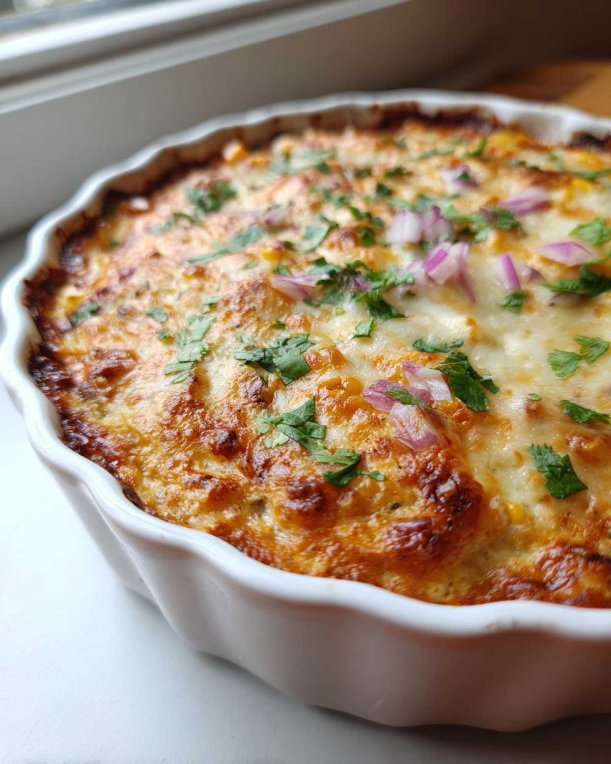 Close-up of a bubbly, baked Mexican Street Corn Dip topped with cilantro and red onion.