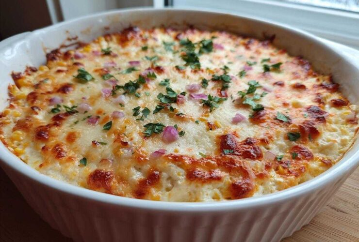 Close-up of a baked Mexican Street Corn Dip in a white oval dish, topped with melted, browned cheese, diced red onion, and cilantro.
