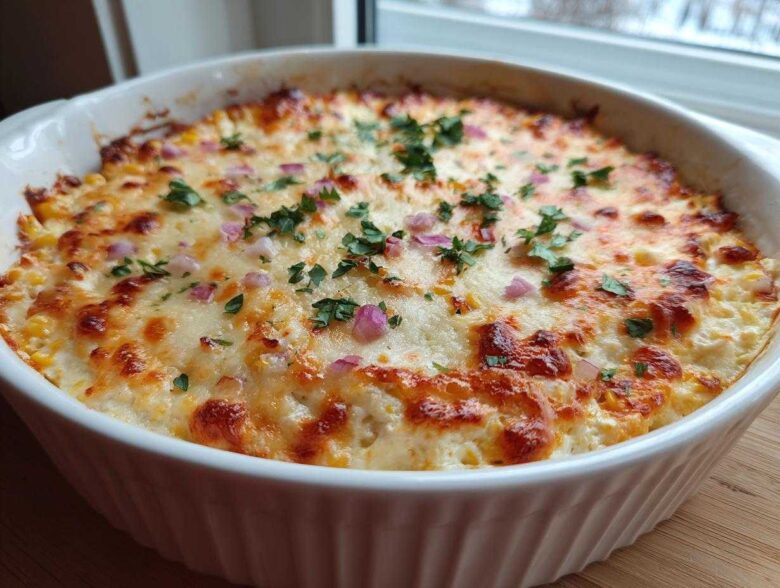 Close-up of a baked Mexican Street Corn Dip in a white oval dish, topped with melted, browned cheese, diced red onion, and cilantro.