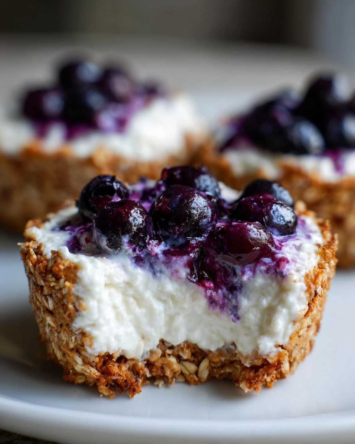Close-up of a No-Bake Blueberry Cheesecake Oat Cup with a bite taken out, showing creamy filling and blueberry topping.