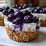 A close-up of one of the No-Bake Blueberry Cheesecake Oat Cups, showing the oatmeal crust and creamy filling topped with glistening blueberries.