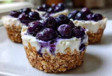 A close-up of one of the No-Bake Blueberry Cheesecake Oat Cups, showing the oatmeal crust and creamy filling topped with glistening blueberries.