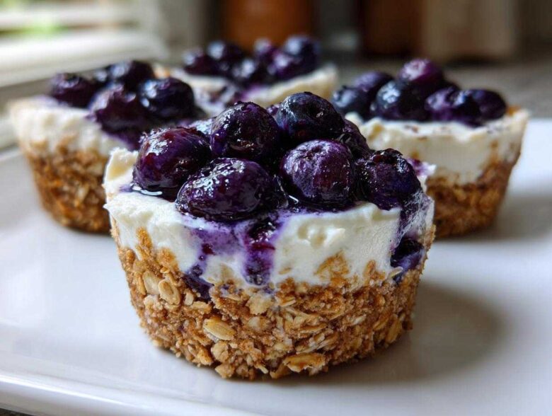 A close-up of one of the No-Bake Blueberry Cheesecake Oat Cups, showing the oatmeal crust and creamy filling topped with glistening blueberries.