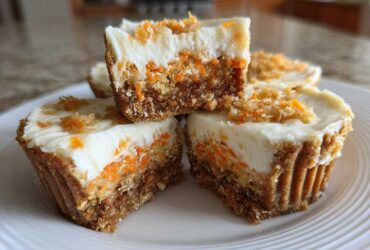 Close-up of No-Bake Carrot Cake Cheesecake Cups, showing a thick graham cracker crust, creamy filling with visible carrots, and cream cheese topping.