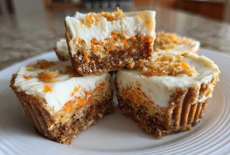 Close-up of No-Bake Carrot Cake Cheesecake Cups, showing a thick graham cracker crust, creamy filling with visible carrots, and cream cheese topping.