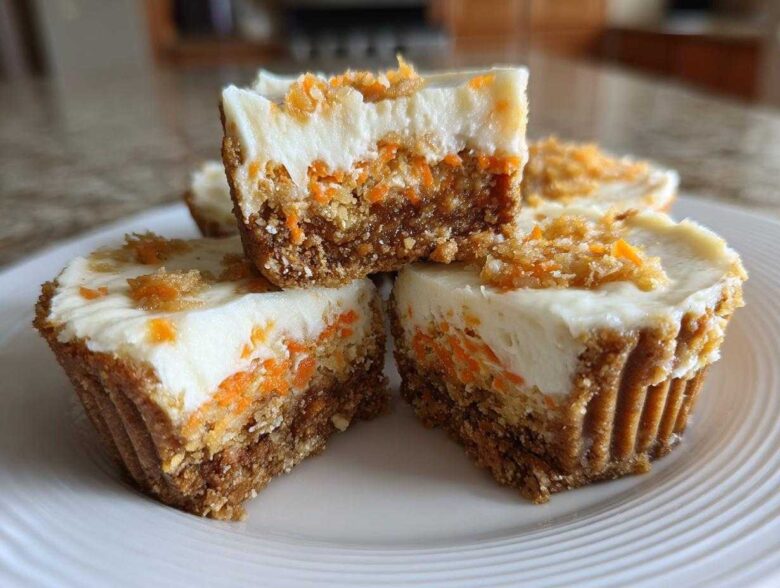 Close-up of No-Bake Carrot Cake Cheesecake Cups, showing a thick graham cracker crust, creamy filling with visible carrots, and cream cheese topping.