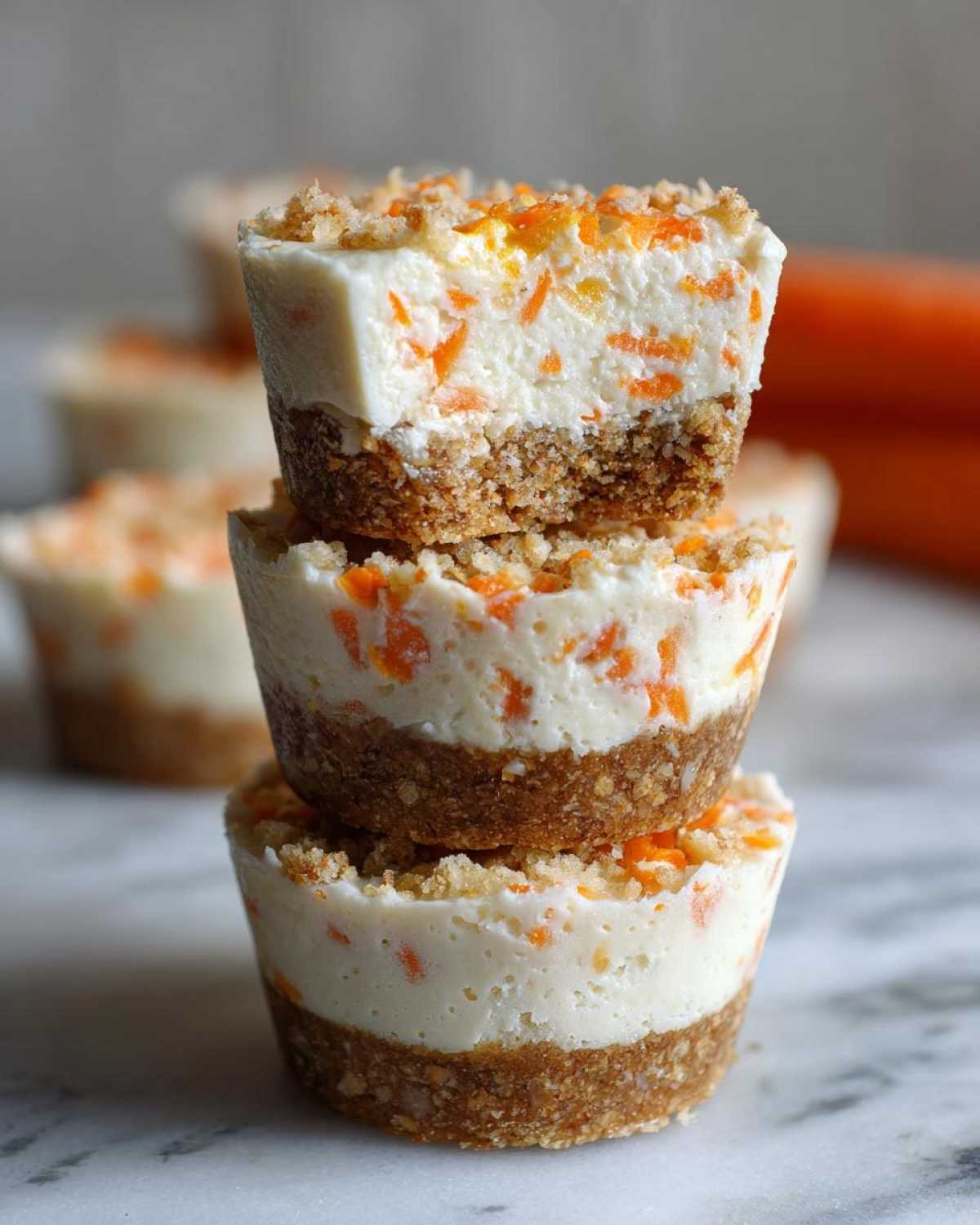 A stack of three No-Bake Carrot Cake Cheesecake Cups showing the graham cracker crust and creamy filling with shredded carrots.