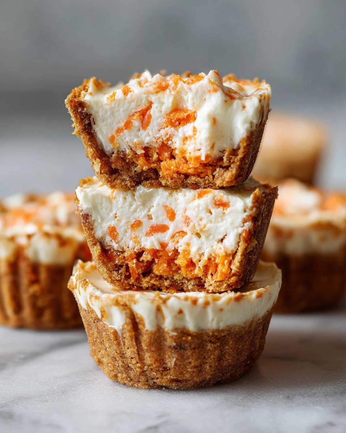 Close-up of two No-Bake Carrot Cake Cheesecake Cups stacked, showing the creamy filling mixed with shredded carrots.