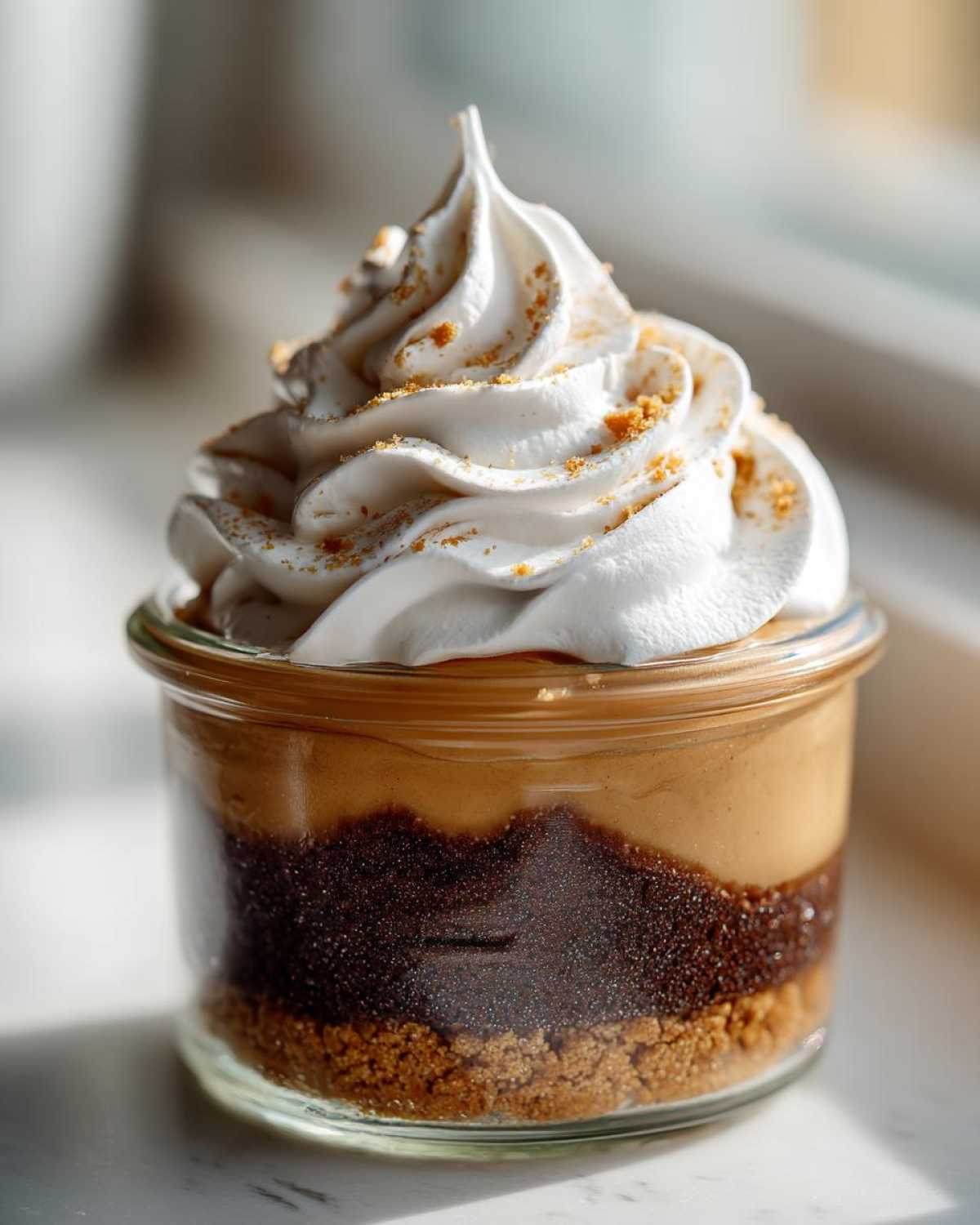 Close-up of a single serving No-Bake Chocolate Peanut Butter Pie Jar topped with whipped cream.