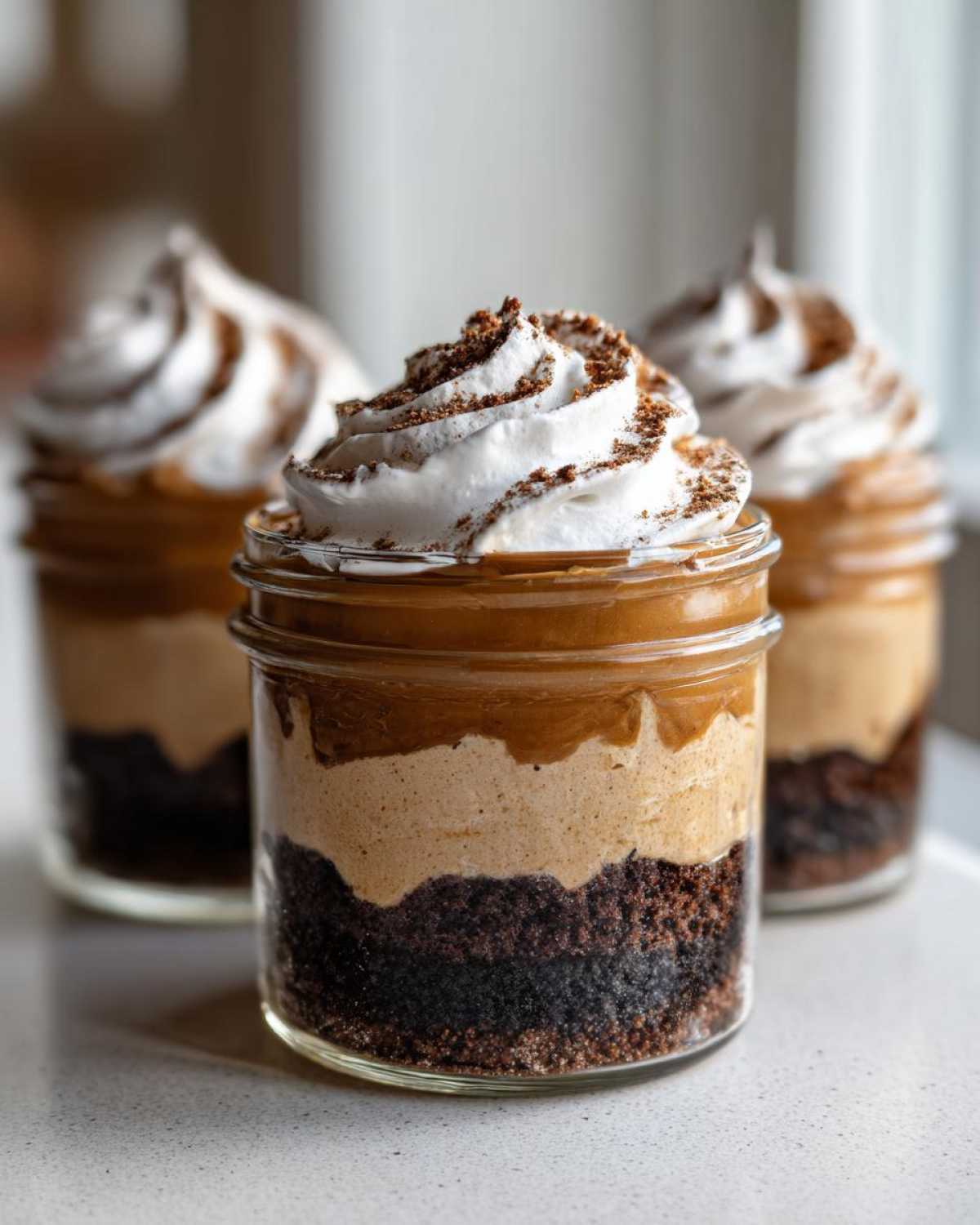 Three No-Bake Chocolate Peanut Butter Pie Jars layered with crust, peanut butter filling, and whipped cream topping.