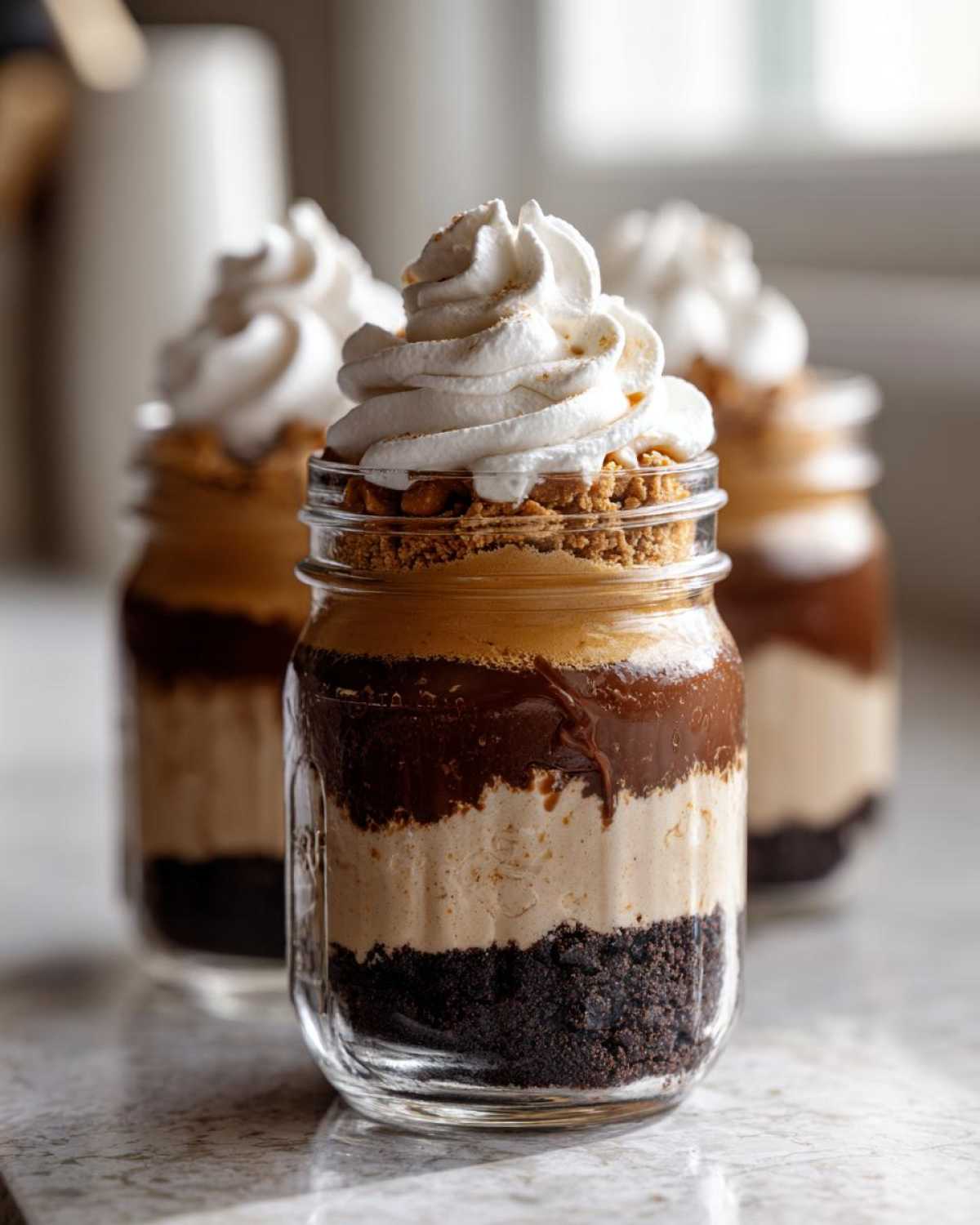 A close-up of a layered No-Bake Chocolate Peanut Butter Pie Jar topped with whipped cream.