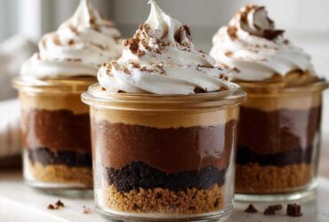 Three individual No-Bake Chocolate Peanut Butter Pie Jars featuring layers of crust, chocolate mousse, peanut butter filling, and whipped cream topping.