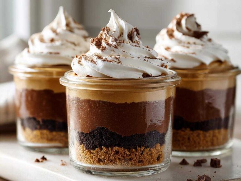 Three individual No-Bake Chocolate Peanut Butter Pie Jars featuring layers of crust, chocolate mousse, peanut butter filling, and whipped cream topping.