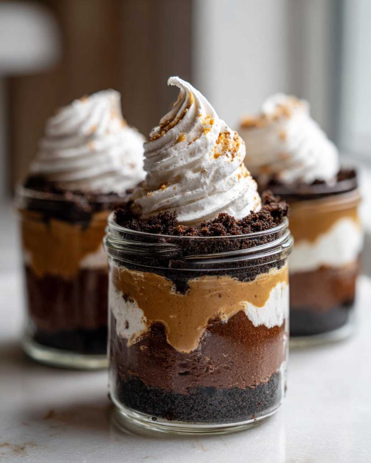 Close-up of a layered No-Bake Chocolate Peanut Butter Pie Jar topped with whipped cream and crumbs.