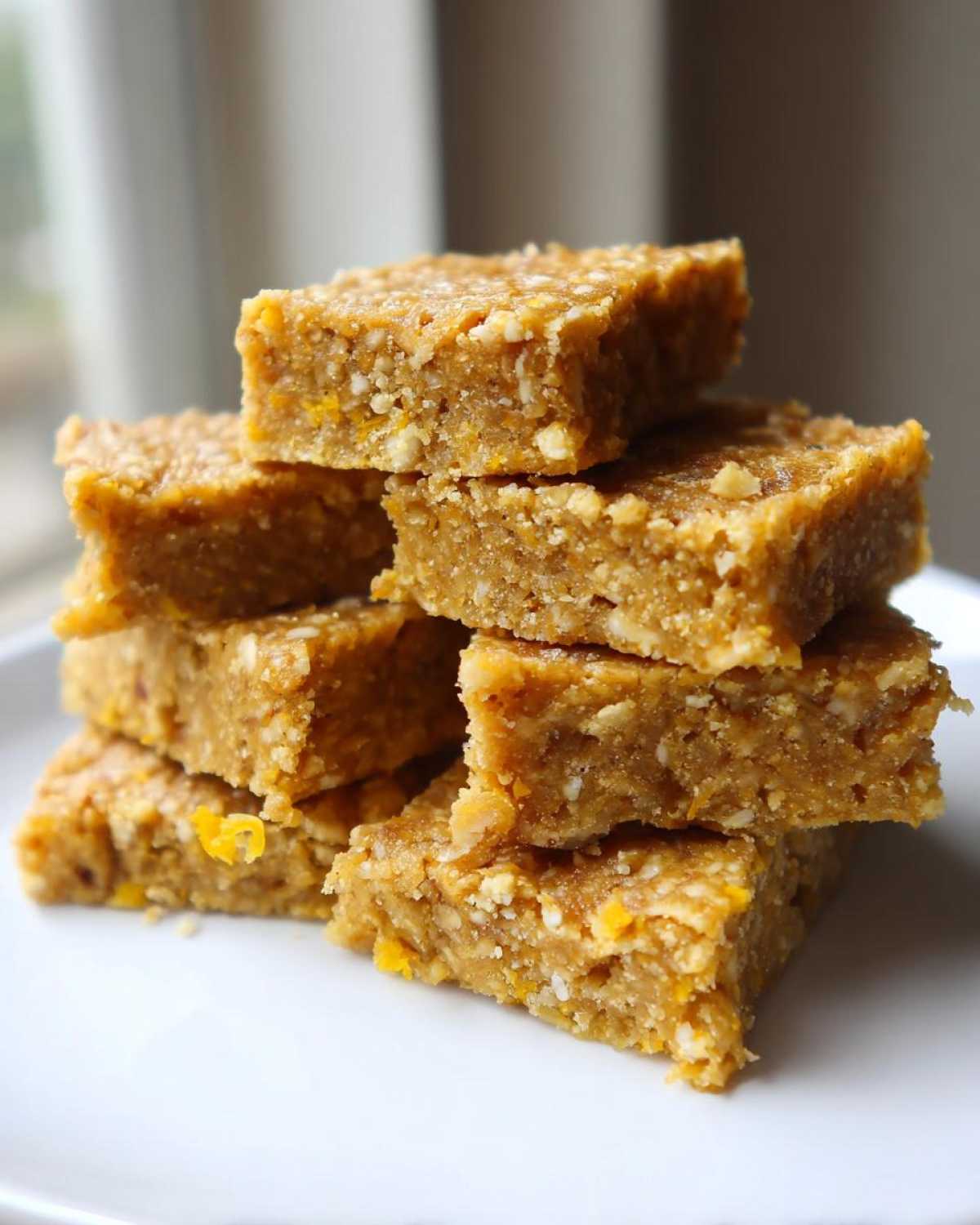 A stack of six No-Bake Lemon Almond Date Bars piled on a white plate.