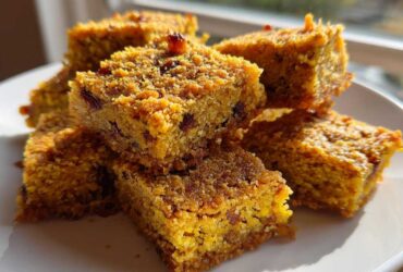 Close-up of stacked, golden-brown No-Bake Lemon Almond Date Bars with visible dried fruit pieces on a white plate.