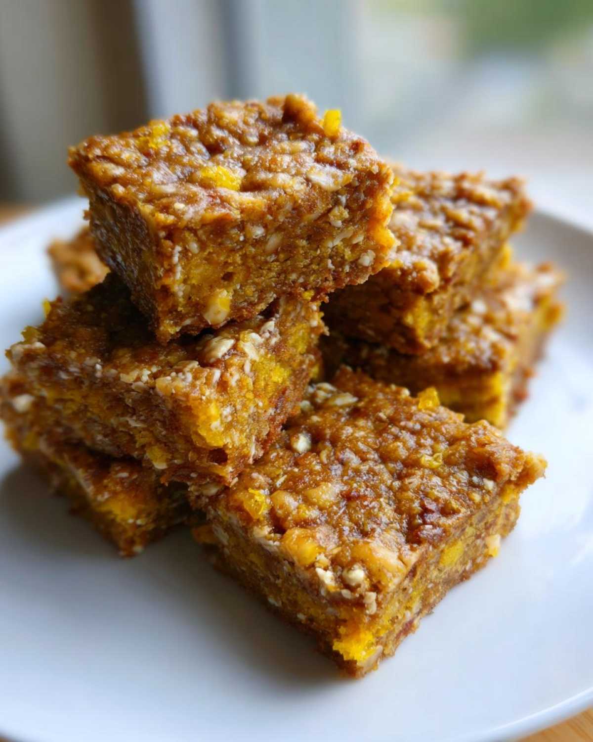A stack of rich, golden No-Bake Lemon Almond Date Bars with visible oats and texture.