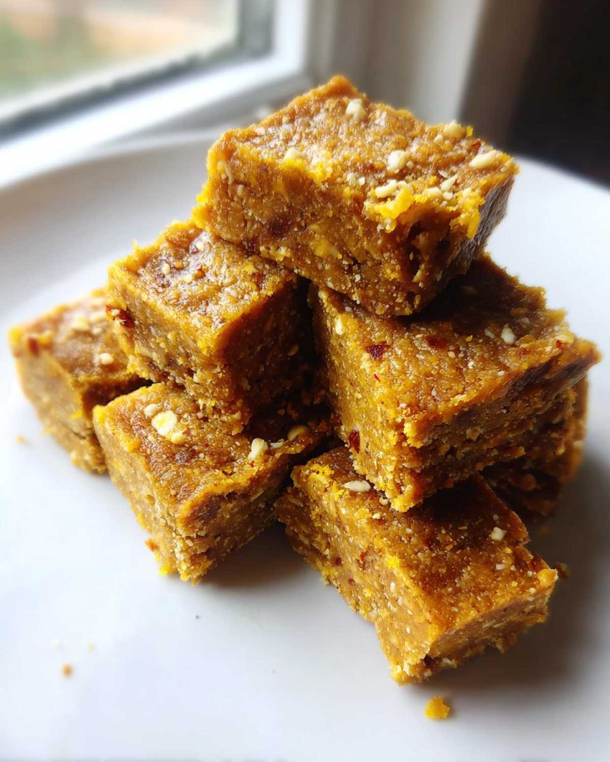 A stack of golden brown No-Bake Lemon Almond Date Bars, topped with chopped nuts, resting on a white plate.