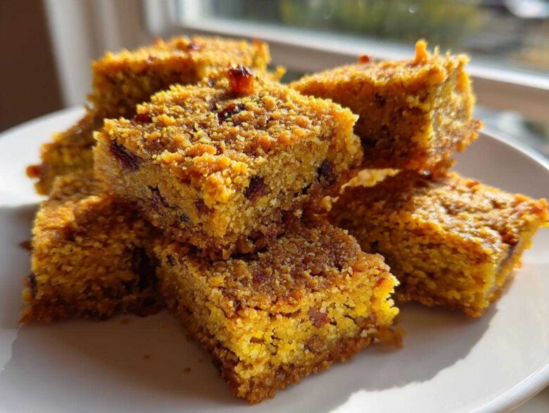 Close-up of stacked, golden-brown No-Bake Lemon Almond Date Bars with visible dried fruit pieces on a white plate.