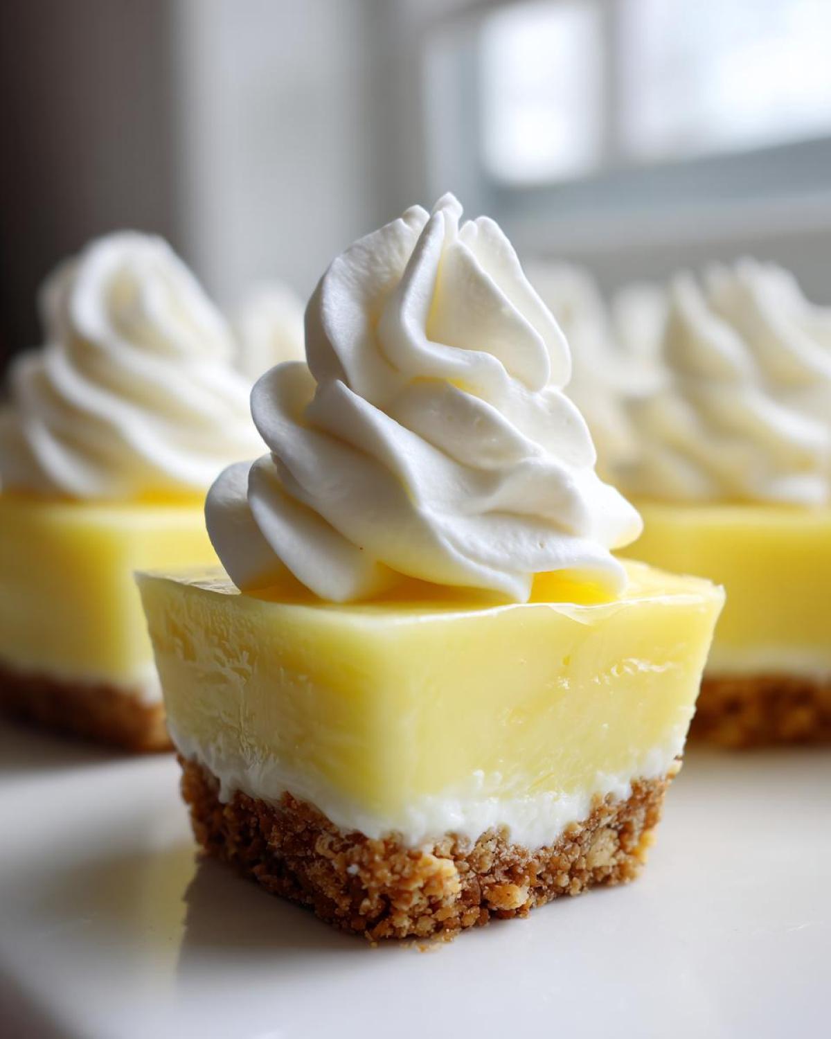 A close-up of a square No-Bake Lemon Cream Pie Cup topped with a swirl of whipped cream, showing graham cracker crust.
