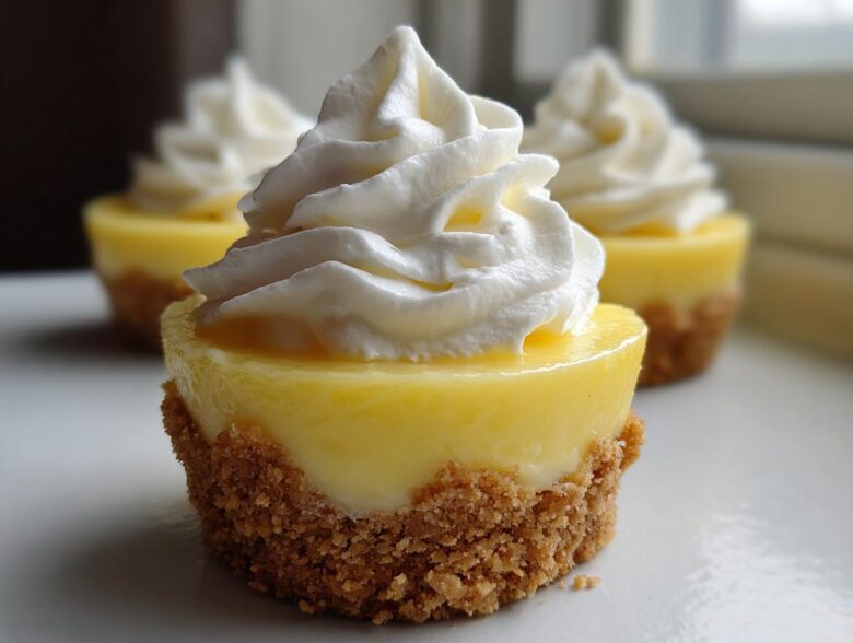 A close-up of one of the No-Bake Lemon Cream Pie Cups featuring a bright yellow filling, graham cracker crust, and a swirl of whipped cream.