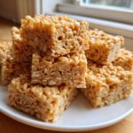 A stack of chewy No-Bake Peanut Butter Rice Cereal Bars piled high on a white plate.