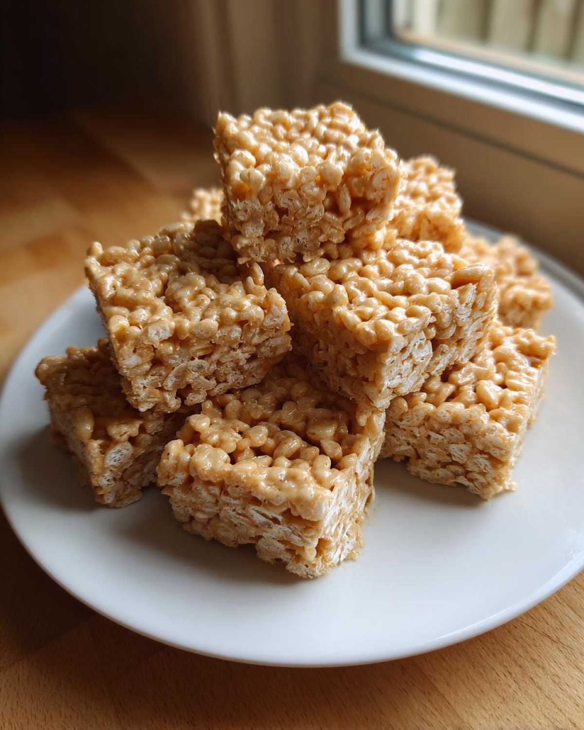 A stack of homemade No-Bake Peanut Butter Rice Cereal Bars piled on a white plate near a window.