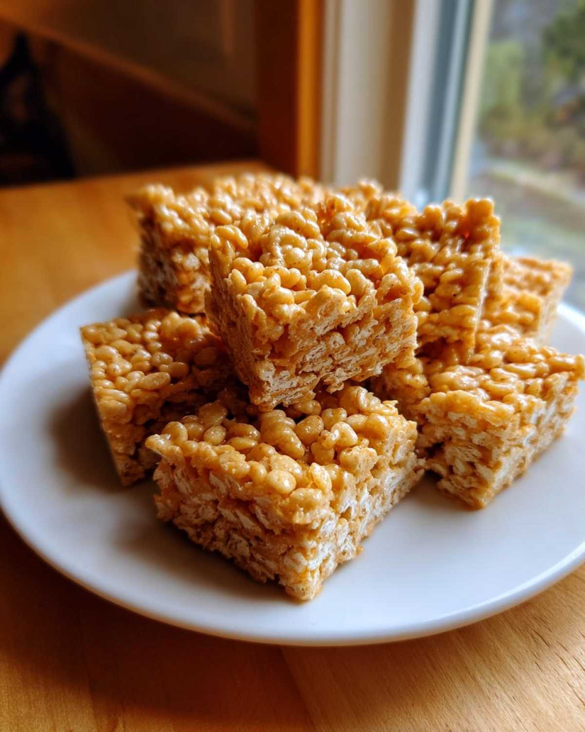 A stack of freshly cut No-Bake Peanut Butter Rice Cereal Bars piled on a white plate.