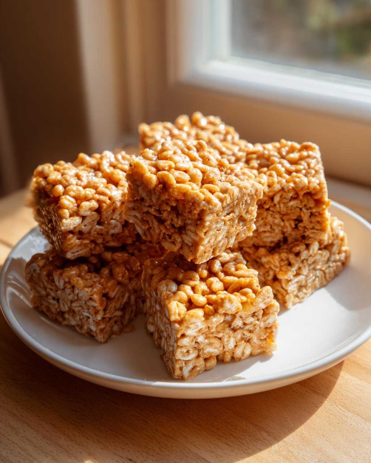 A stack of golden brown No-Bake Peanut Butter Rice Cereal Bars piled on a white plate near a window.