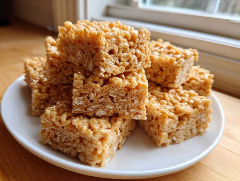 A stack of chewy No-Bake Peanut Butter Rice Cereal Bars piled high on a white plate.