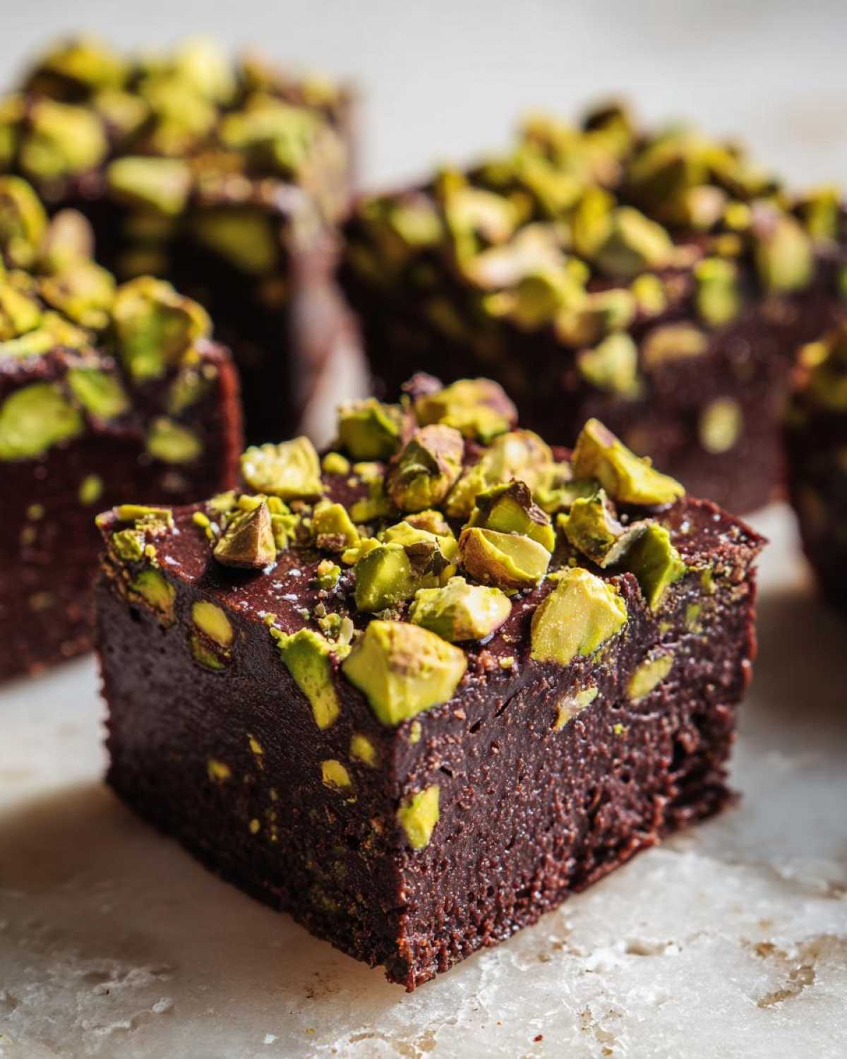A rich, dark square of No-Bake Pistachio Chocolate Fudge Squares topped generously with chopped green pistachios.