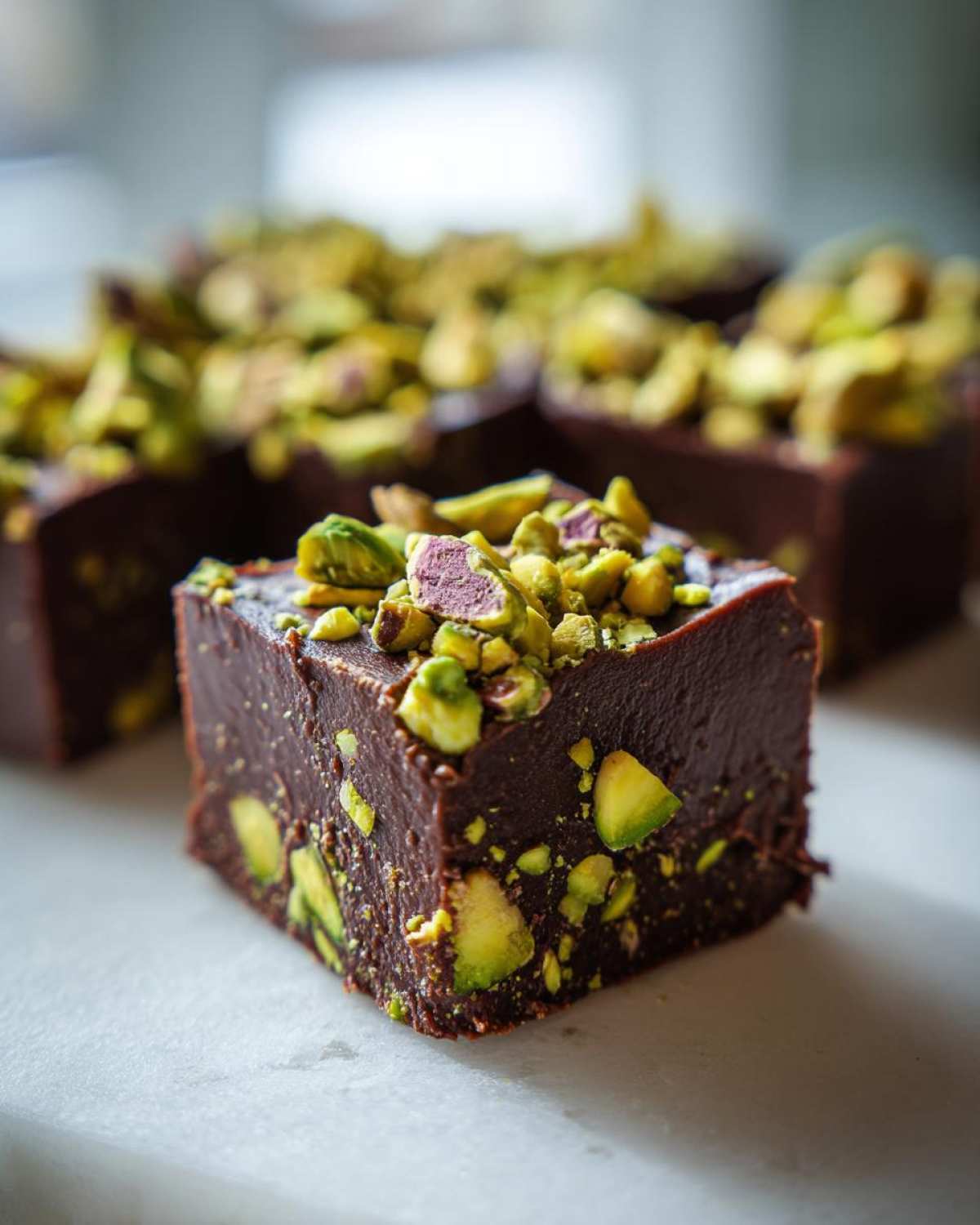 A single square of rich, dark No-Bake Pistachio Chocolate Fudge Squares topped with chopped pistachios.