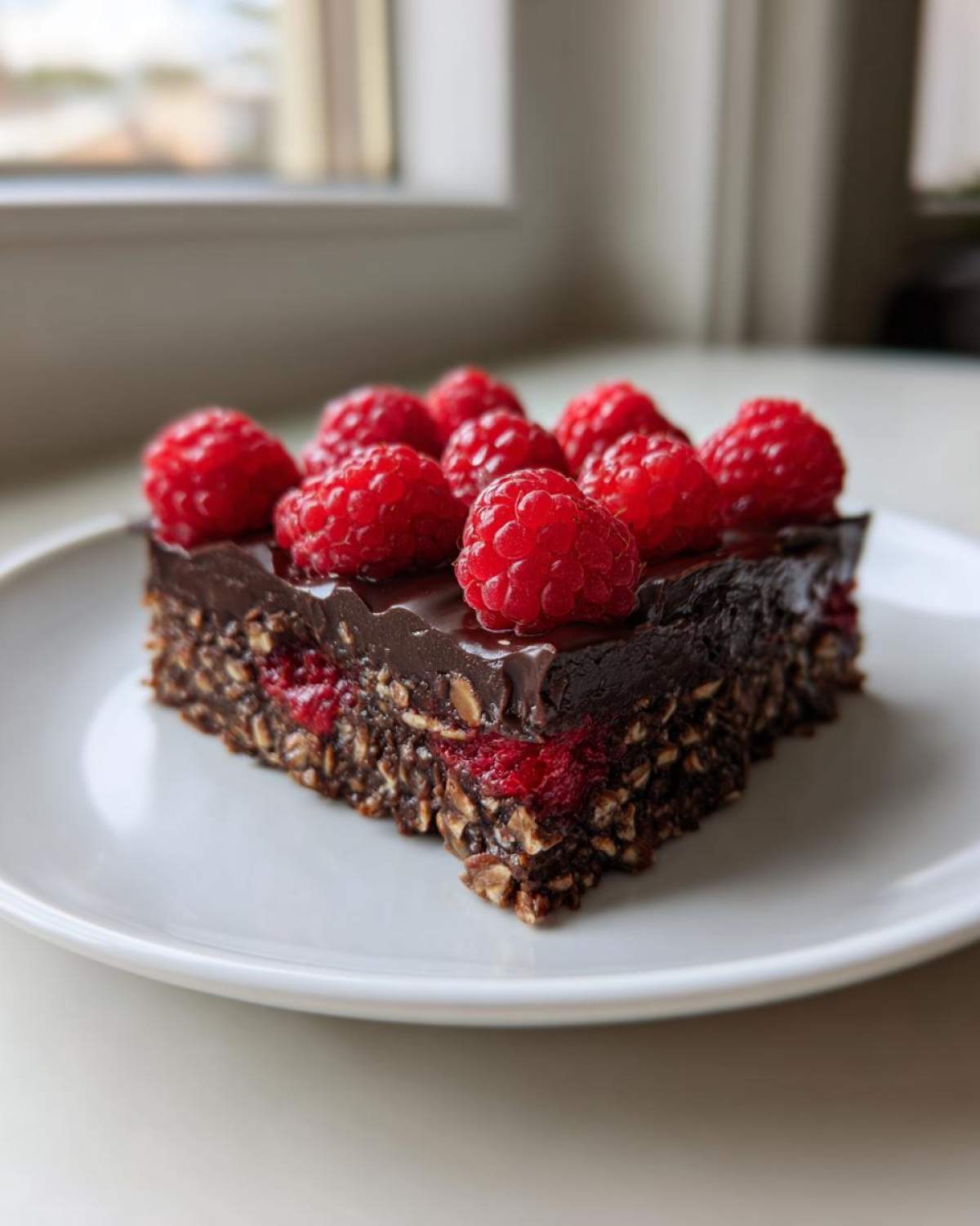 A single serving of No-Bake Raspberry Chocolate Oat Slice topped with fresh raspberries on a white plate.