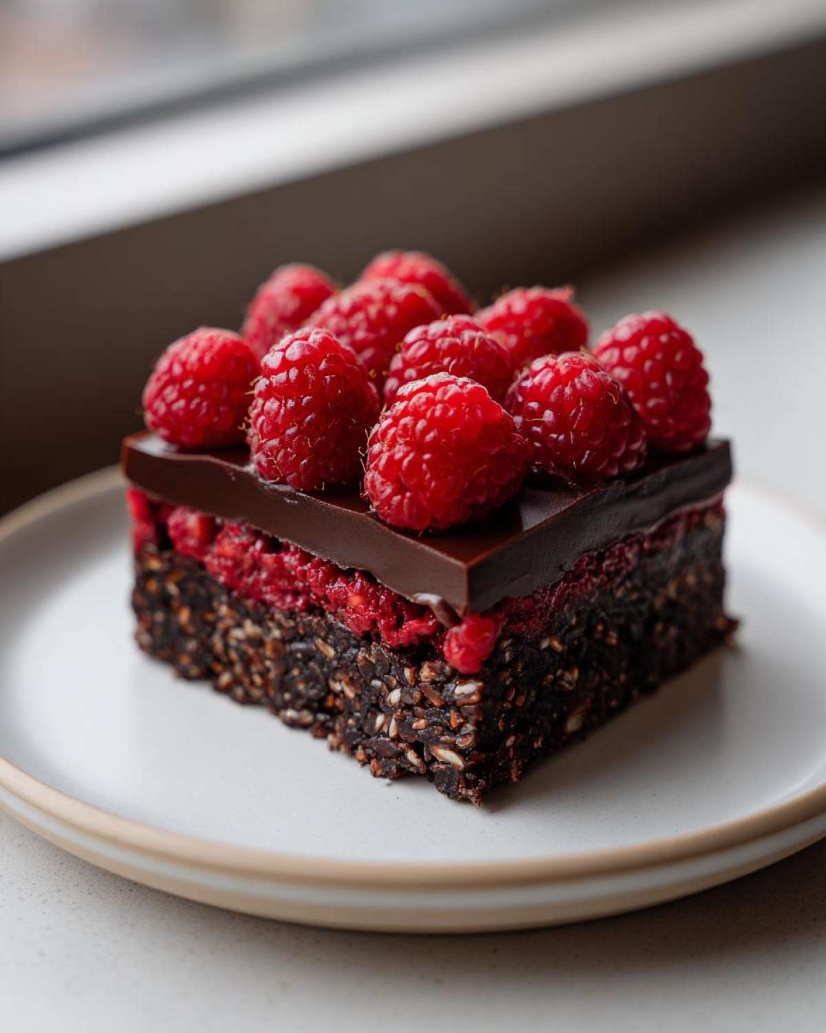 A close-up of a single square of No-Bake Raspberry Chocolate Oat Slice topped with chocolate ganache and fresh raspberries.