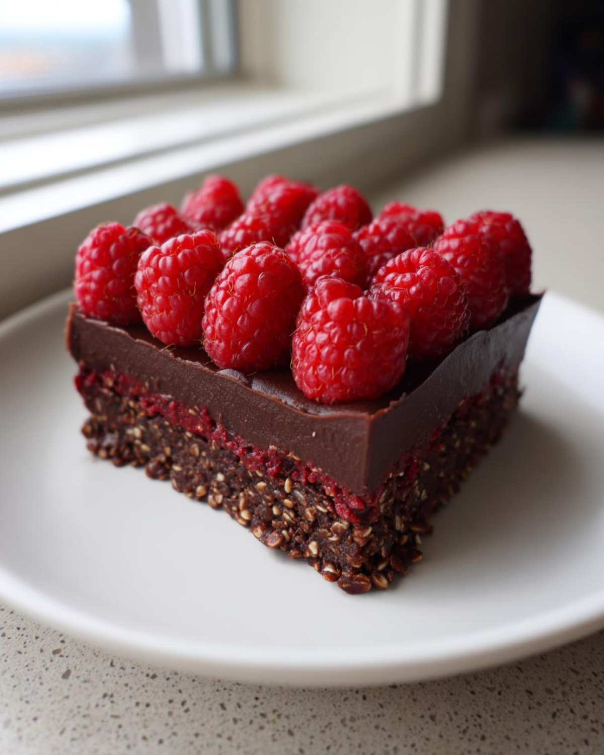 A single square serving of No-Bake Raspberry Chocolate Oat Slice topped with rich chocolate ganache and fresh raspberries.