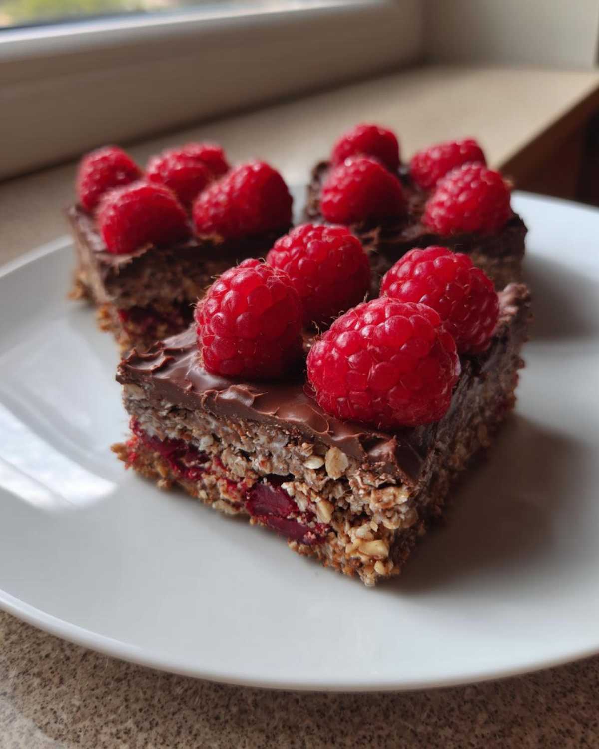 Close-up of three squares of No-Bake Raspberry Chocolate Oat Slice topped with fresh raspberries, served on a white plate.