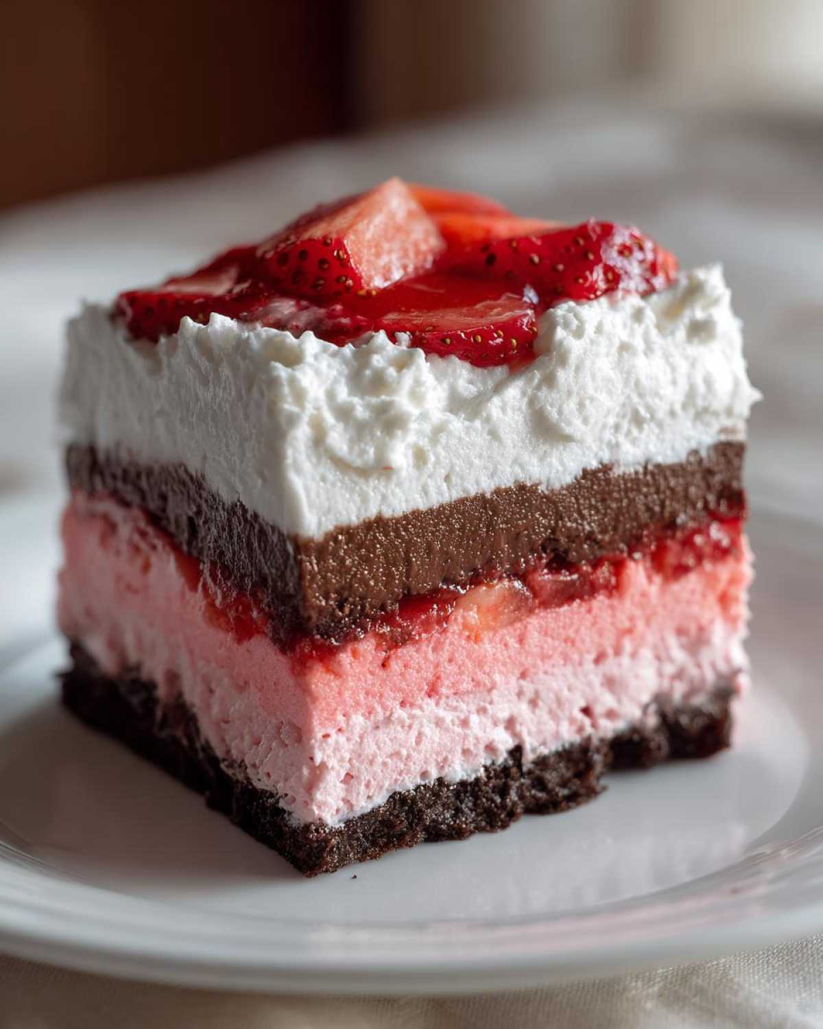 A perfect slice of No-Bake Strawberry Chocolate Pudding Pie showing layers of crust, pink mousse, chocolate pudding, whipped cream, and strawberries.