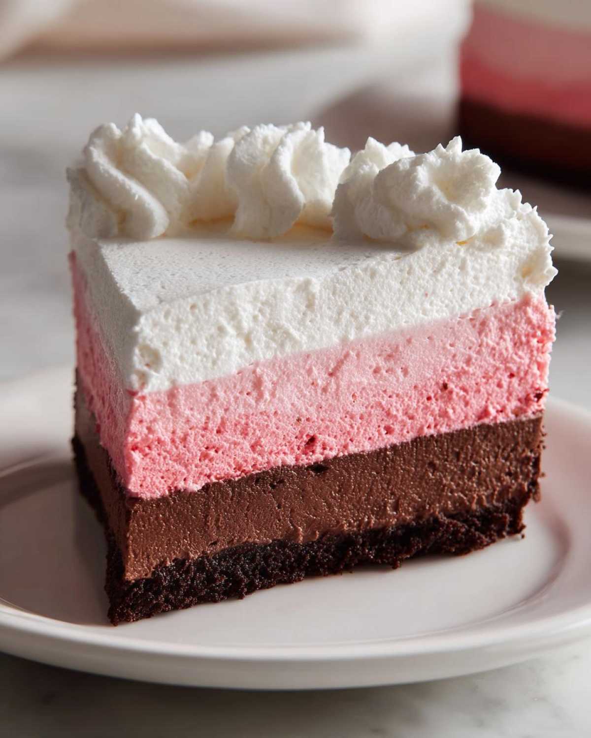 A perfect slice of No-Bake Strawberry Chocolate Pudding Pie showing three distinct layers and whipped cream topping.
