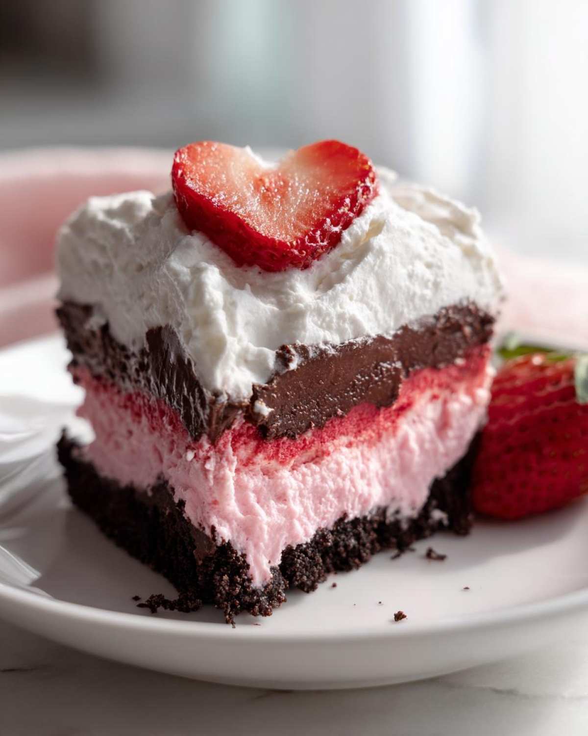 Close-up of a slice of No-Bake Strawberry Chocolate Pudding Pie with layers of crust, pink mousse, chocolate, and whipped cream.