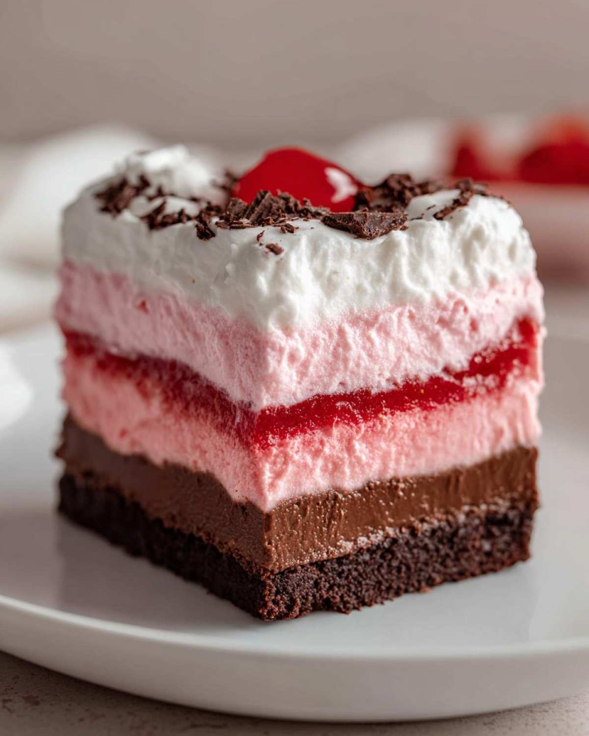 Close-up of a layered slice of No-Bake Strawberry Chocolate Pudding Pie with chocolate crust, pudding, mousse, and whipped cream.
