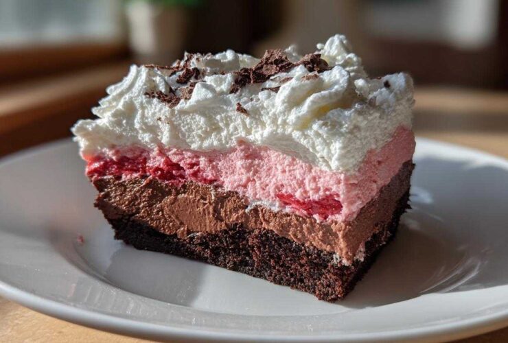 A rich slice of No-Bake Strawberry Chocolate Pudding Pie with layers of chocolate crust, mousse, strawberry filling, and whipped cream.