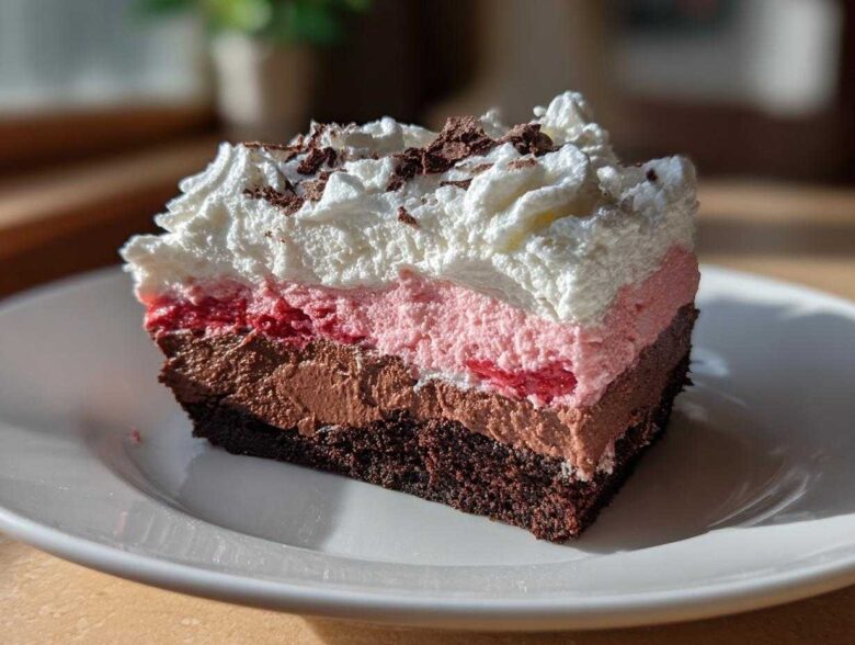 A rich slice of No-Bake Strawberry Chocolate Pudding Pie with layers of chocolate crust, mousse, strawberry filling, and whipped cream.