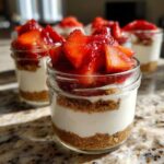 Close-up of a No-Bake Strawberry Cream Pie Jar showing graham cracker crust, cream filling, and strawberry topping.