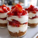 Close-up of layered No-Bake Strawberry Cream Pie Jars featuring graham cracker crust, cream filling, and fresh strawberries.