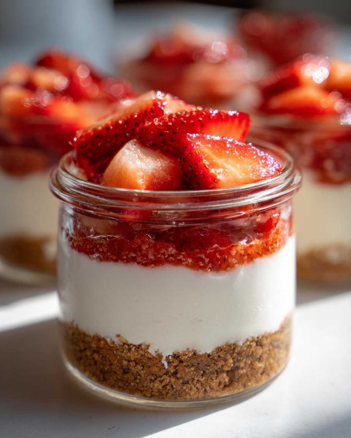 A close-up of a No-Bake Strawberry Cream Pie Jars showing graham cracker crust, cream layer, and fresh strawberries on top.