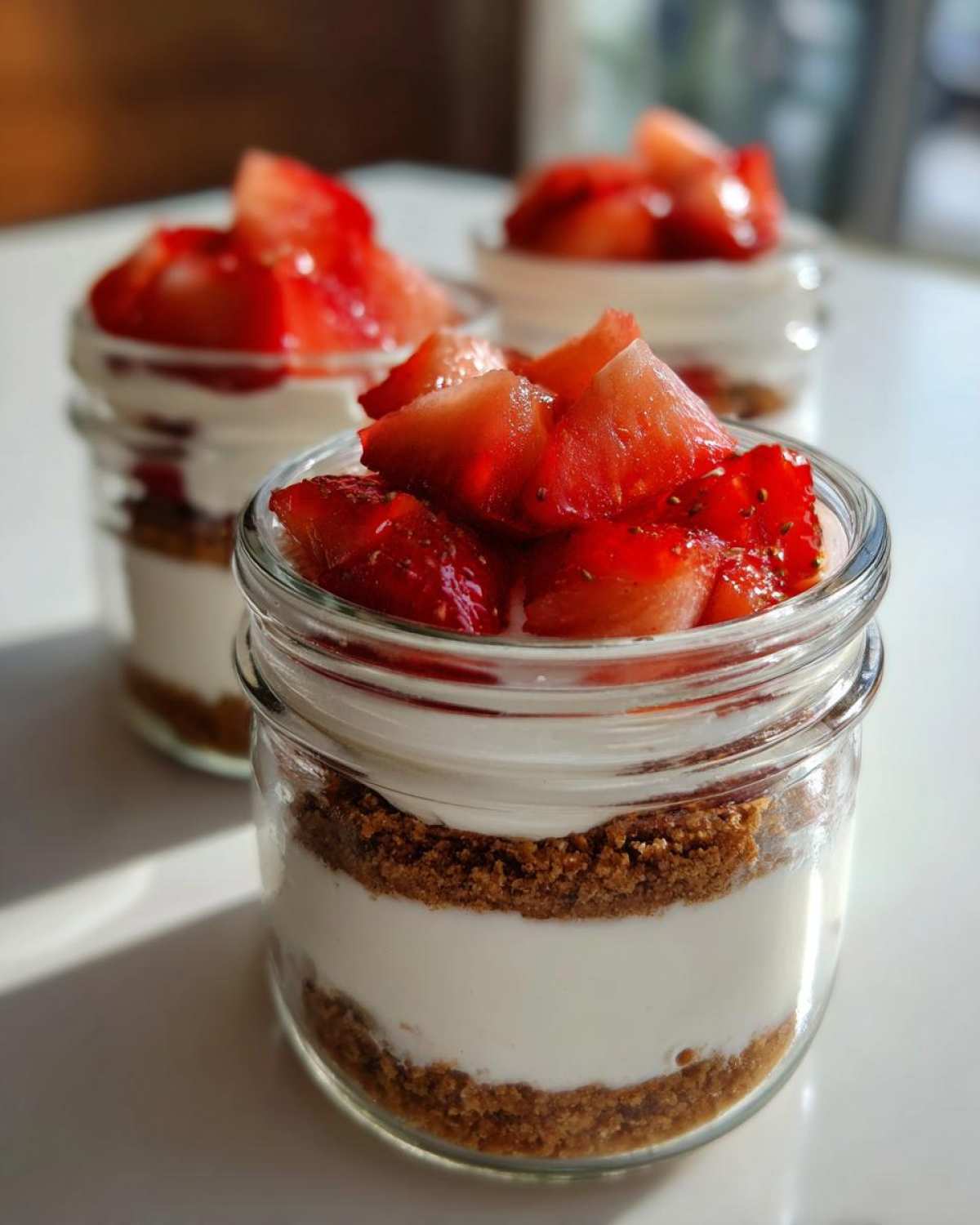 Three individual No-Bake Strawberry Cream Pie Jars layered with graham cracker crust, cream filling, and topped with fresh strawberries.