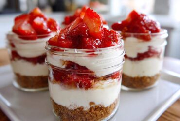 Close-up of layered No-Bake Strawberry Cream Pie Jars featuring graham cracker crust, cream filling, and fresh strawberries.