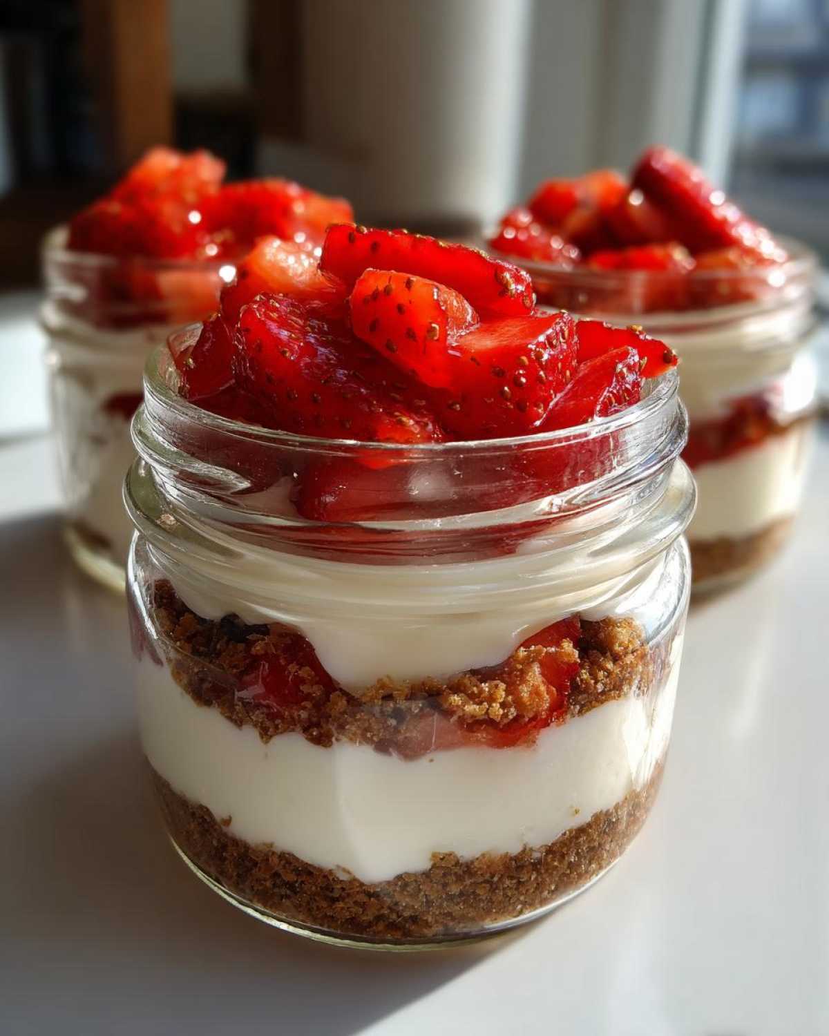 Close-up of a No-Bake Strawberry Cream Pie Jars layered with graham cracker crust, white cream, and topped with fresh strawberries.
