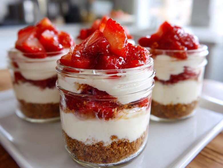 Close-up of layered No-Bake Strawberry Cream Pie Jars featuring graham cracker crust, cream filling, and fresh strawberries.