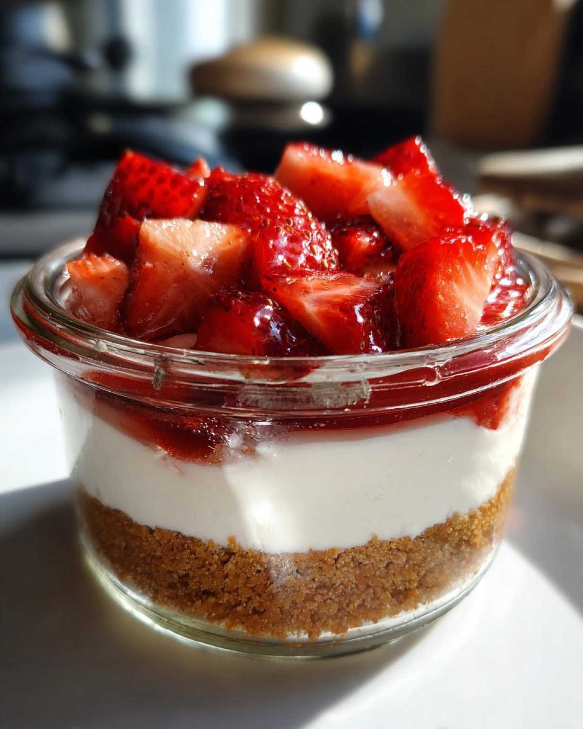Close-up of a single serving No-Bake Strawberry Cream Pie Jars layered with graham cracker crust, cream filling, and fresh strawberries.